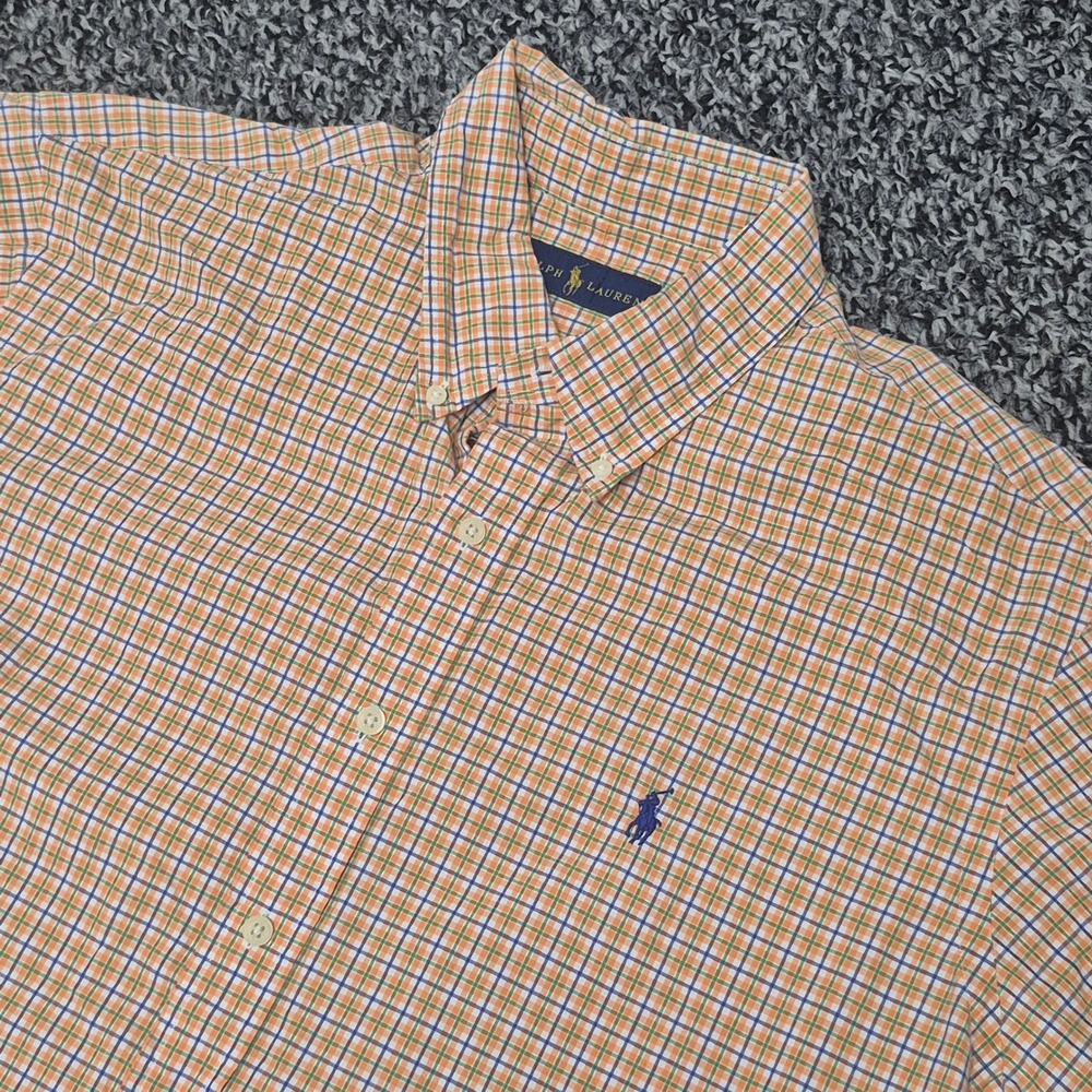 Polo Ralph Lauren Mens XL Short Sleeve Button Down Shirt Orange‎ Plaid Cotton